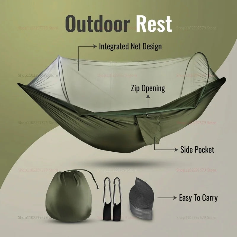 Portable outdoor camping hammock, equipped with mosquito net,