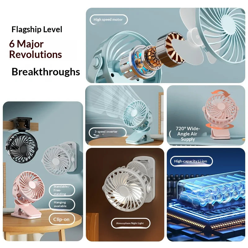 HOMEFISH Portable Rechargeable Clip Fan 720°