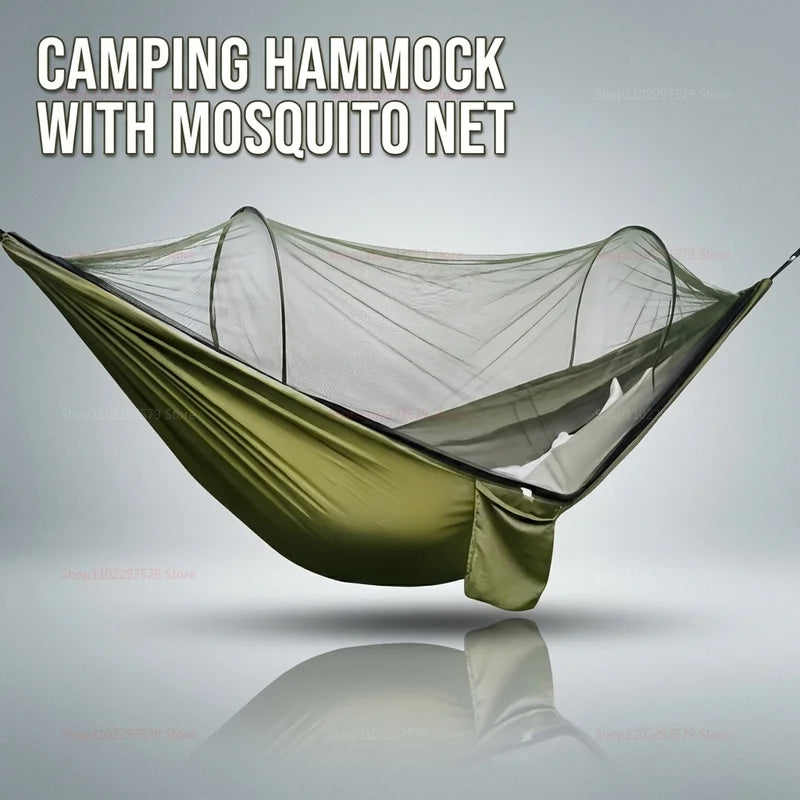 Portable outdoor camping hammock, equipped with mosquito net,