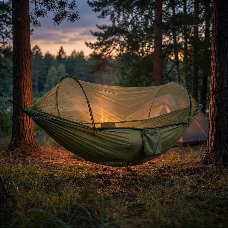 Portable outdoor camping hammock, equipped with mosquito net,