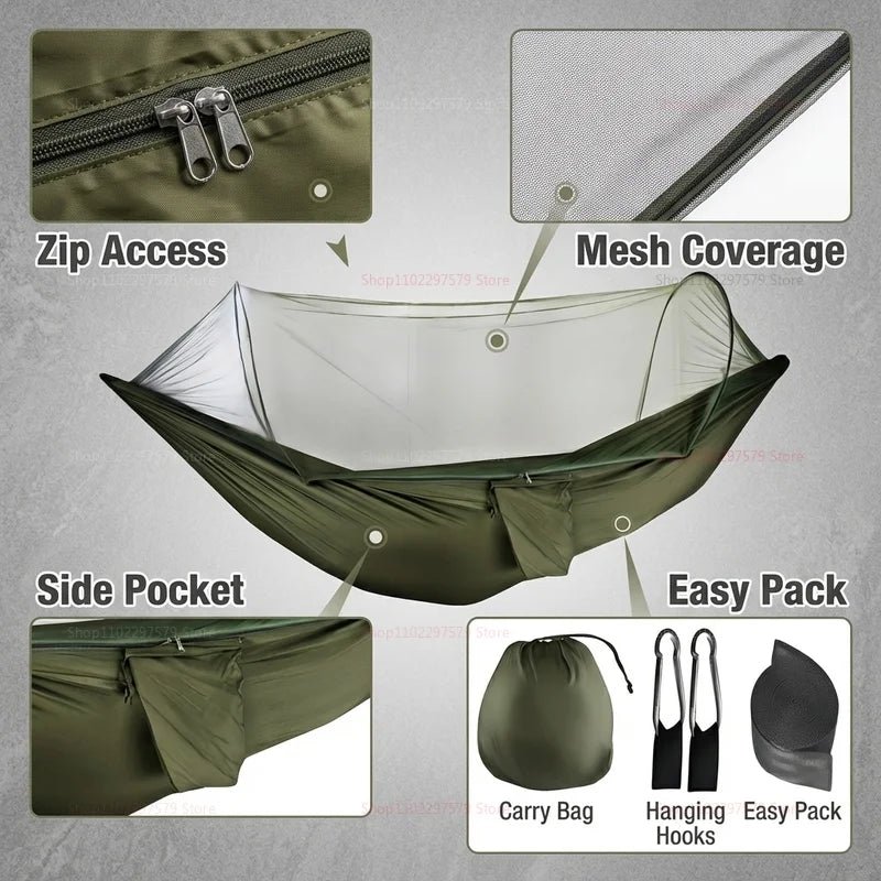 Portable outdoor camping hammock, equipped with mosquito net,